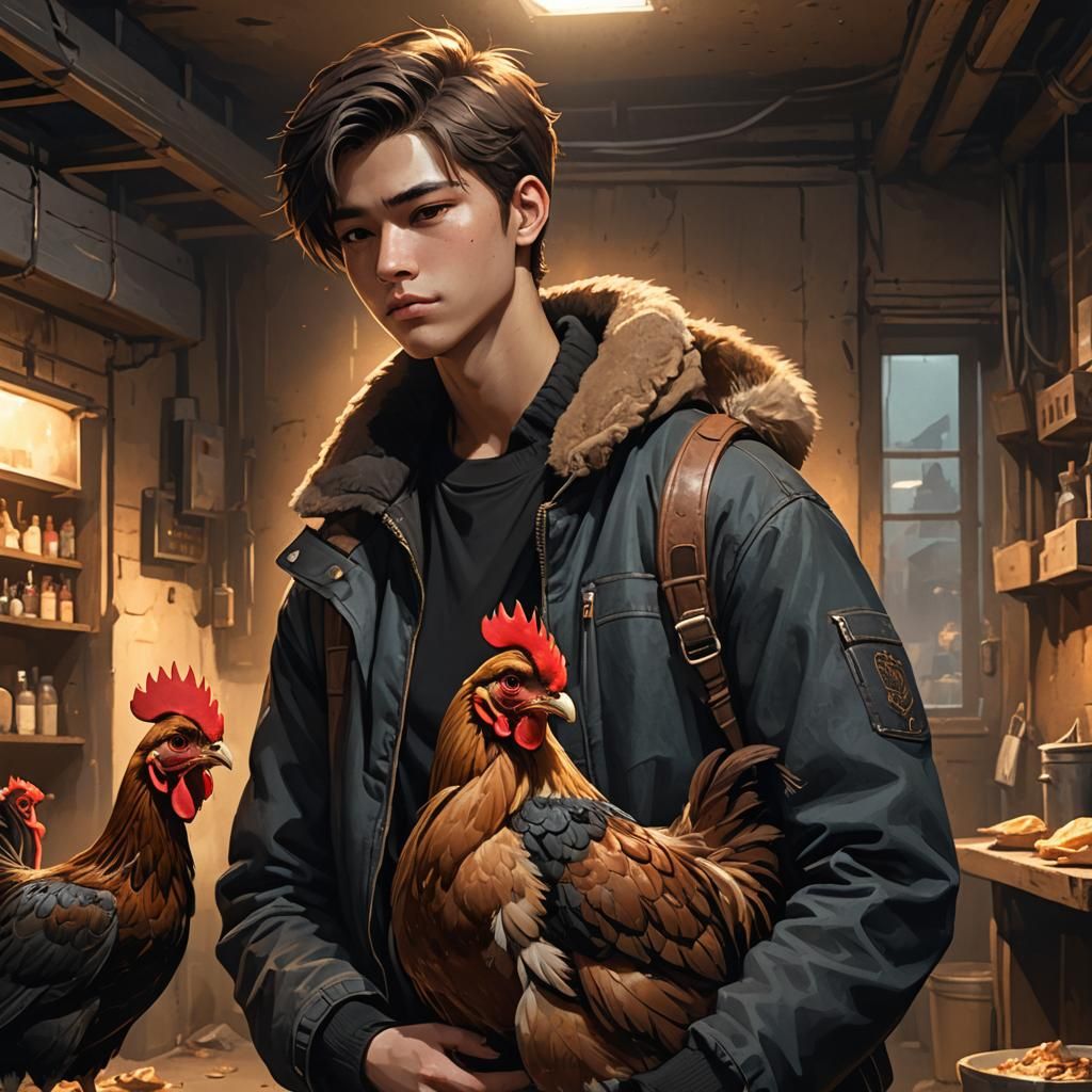 Boy Hugs Chicken in Dark Fantasy Concept Art