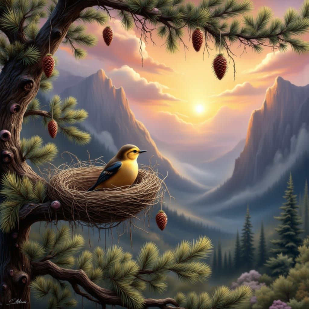 Warbler Nestles in Pine Tree at Sunrise