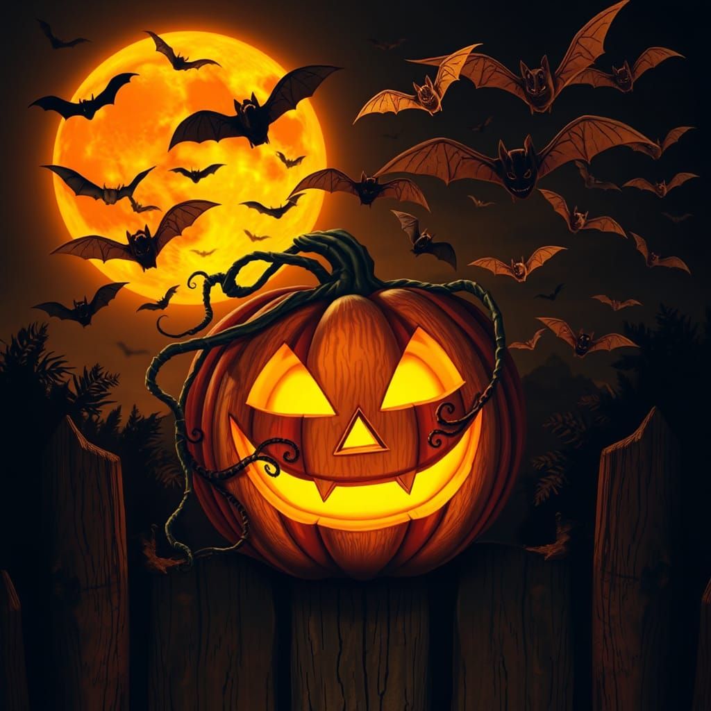 Eerie Halloween Pumpkin with Bats and Full Moon