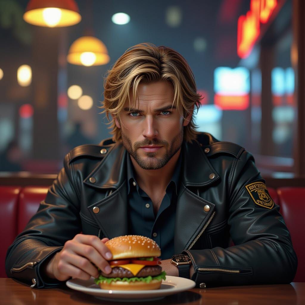 Leon Kennedy Eating a Burger, Cinematic Digital Painting