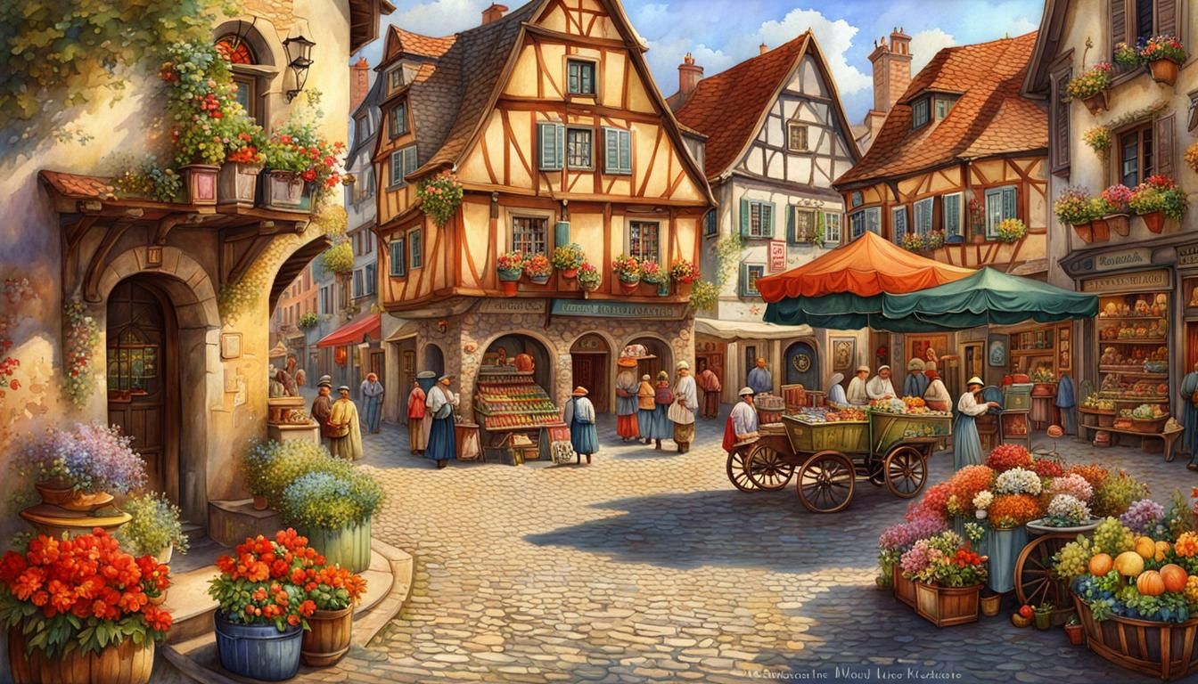 Colorful Medieval Town Square Painting