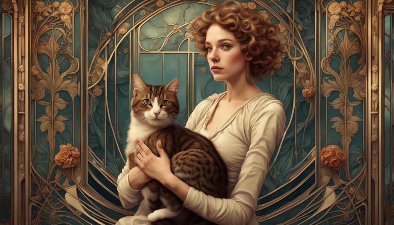 Woman with Cat in Art Nouveau Style