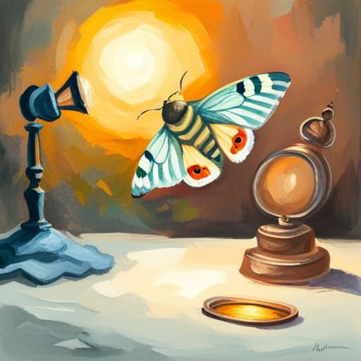 Moth and Lamp in Gouache Impressionist Style