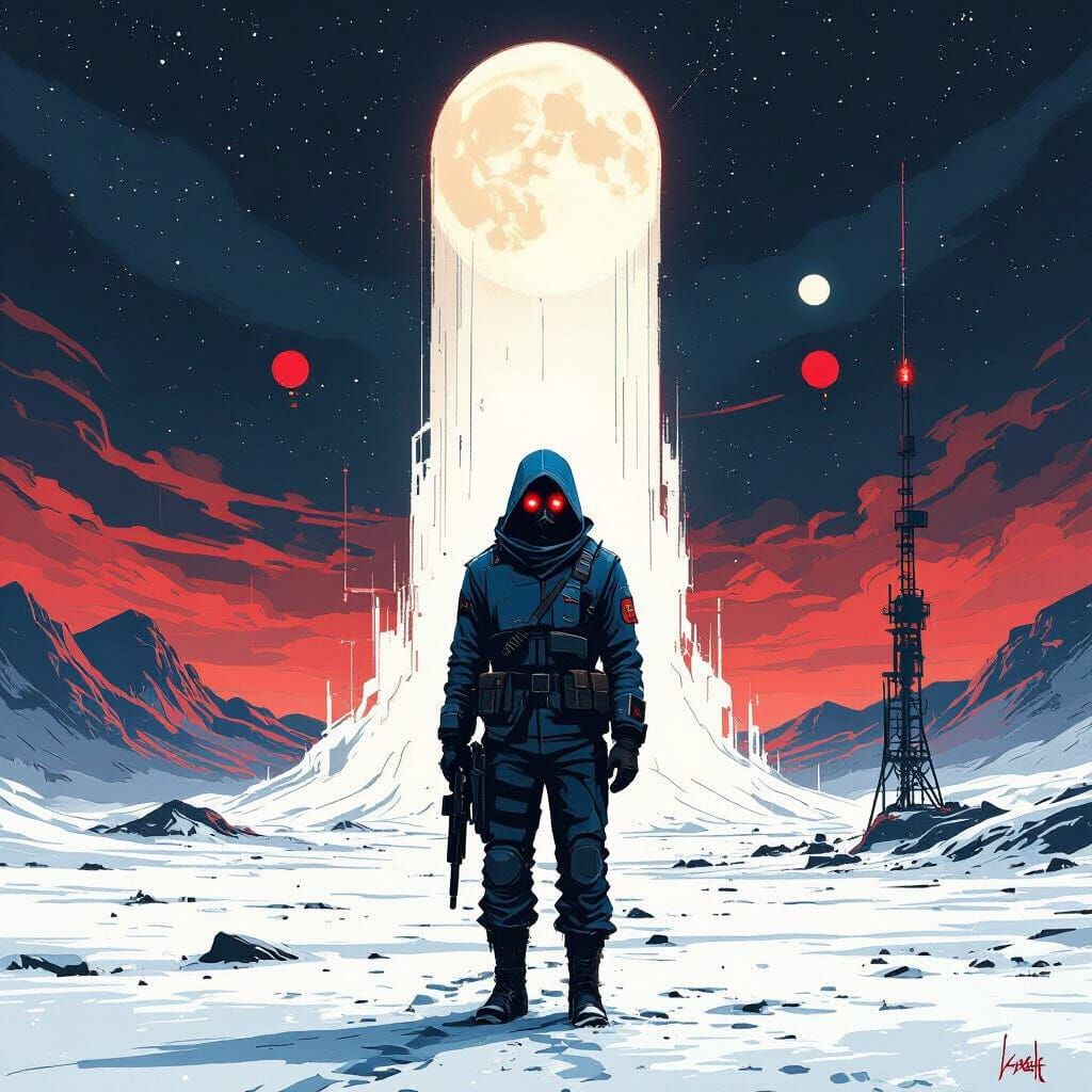 Sombrio Ex-Militar com Máscara de Gás e Olhos Vermelhos