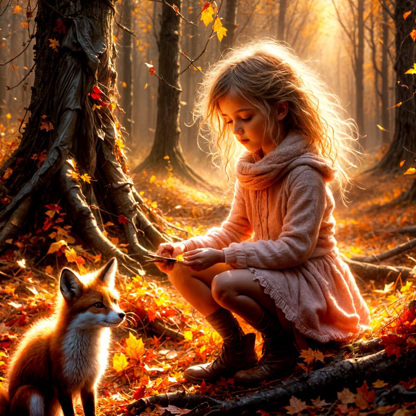 Girl and Fox Play in Autumn Forest Oil Painting