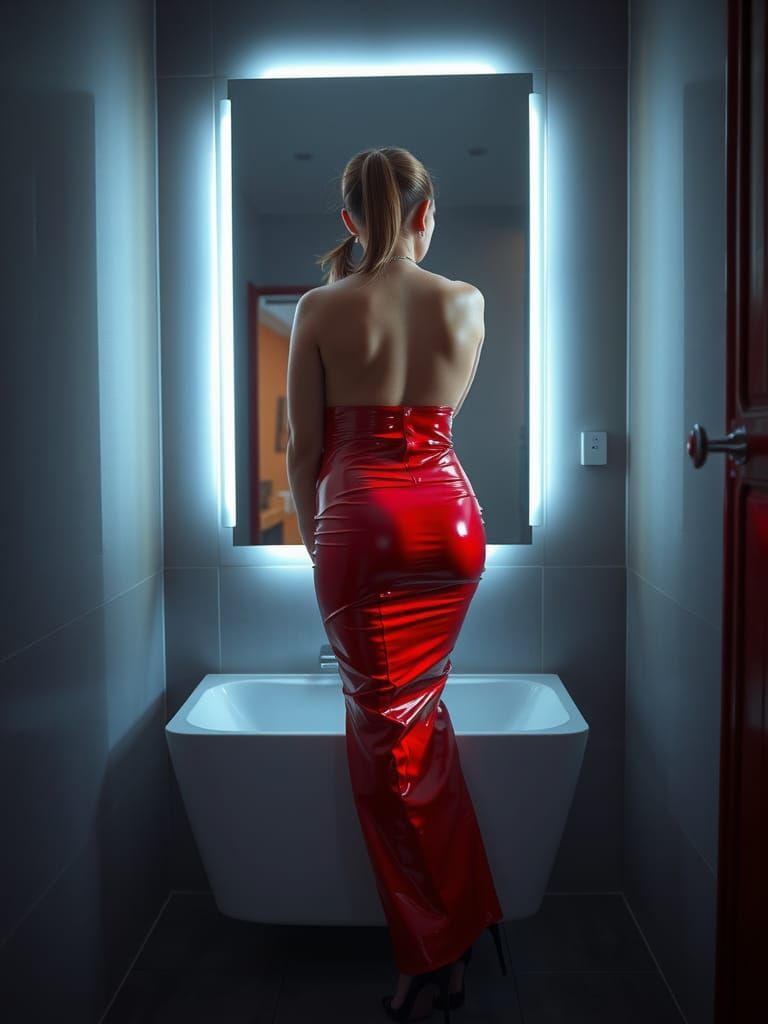 Woman in Red Latex Skirt, Cinematic Lighting