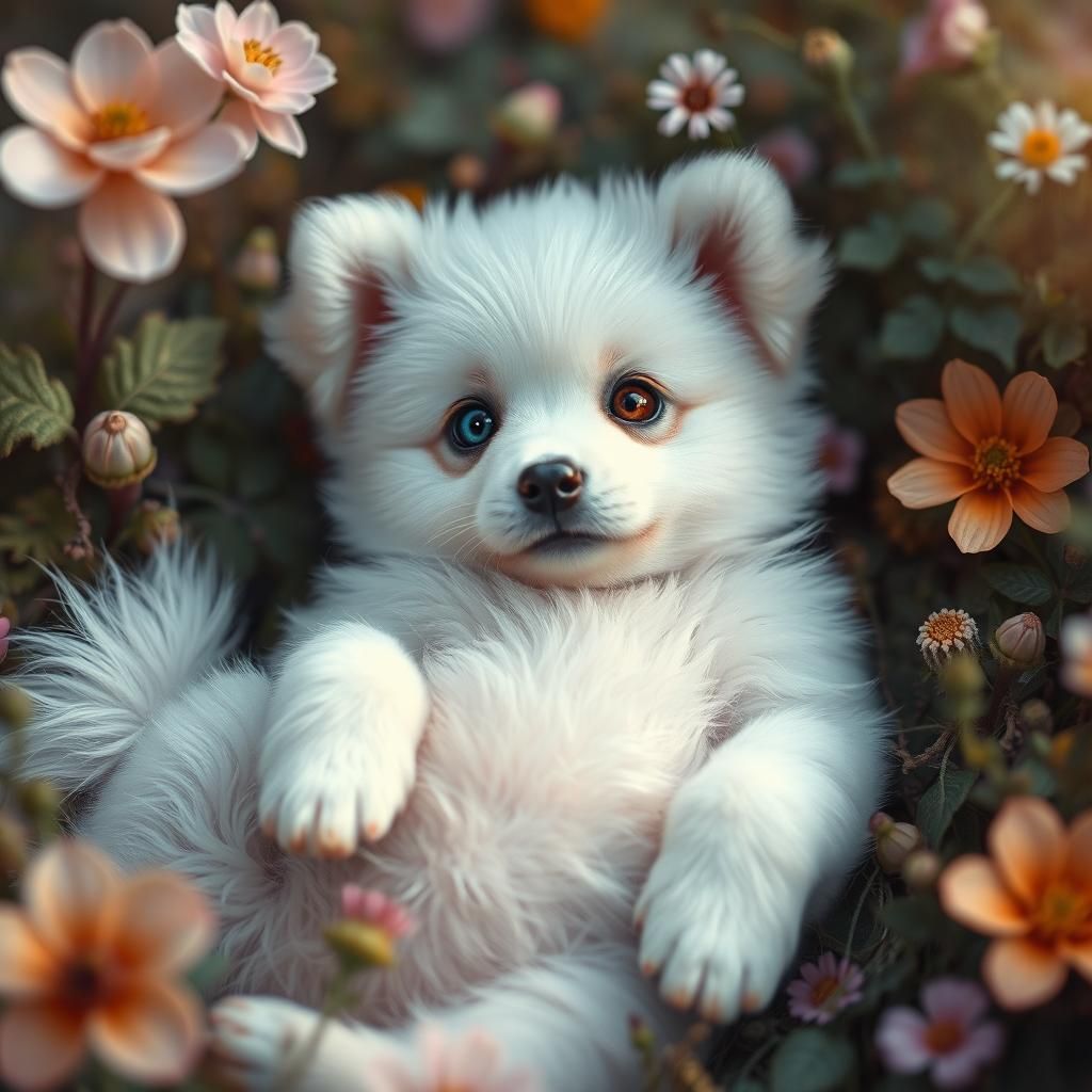 Dreamlike Puppy with Heterochromia in Fantasy Garden