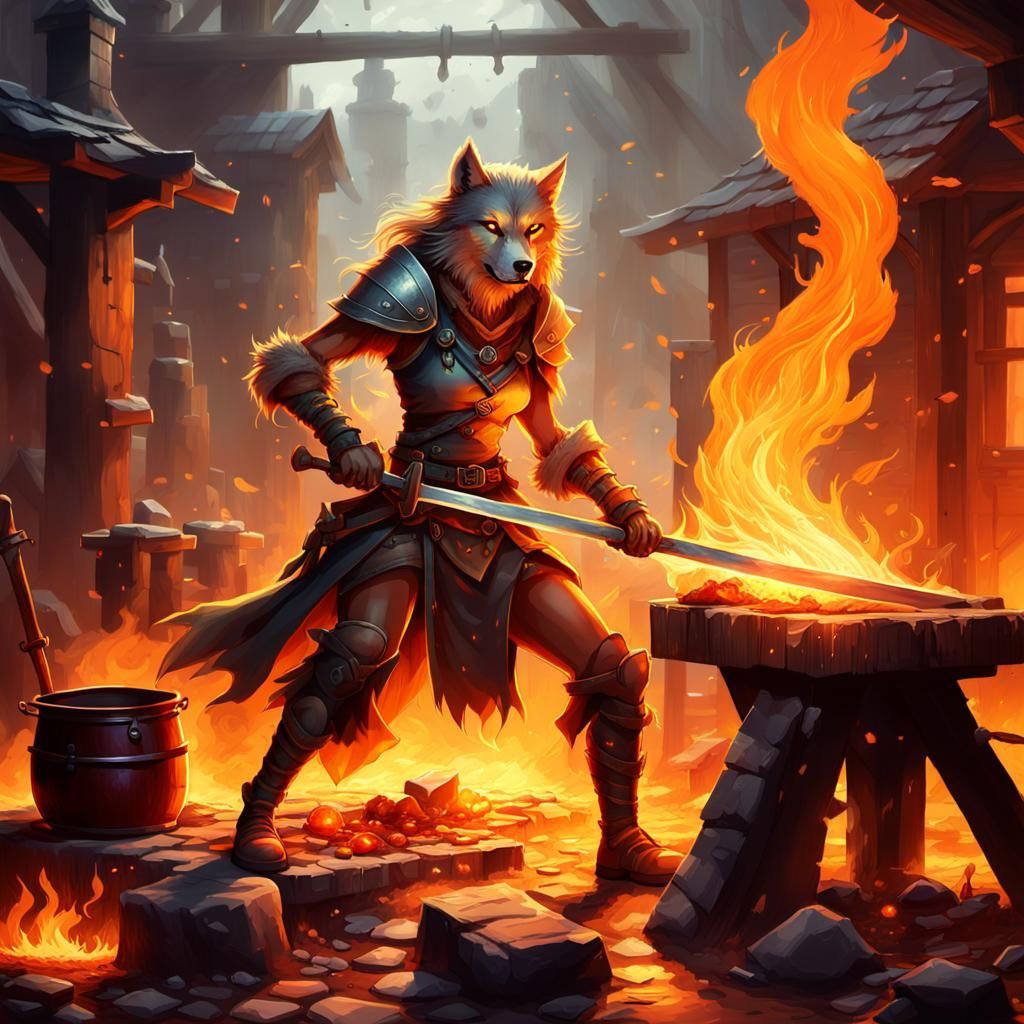 Werewolf Blacksmith Forging a Sword in Fantasy Artwork