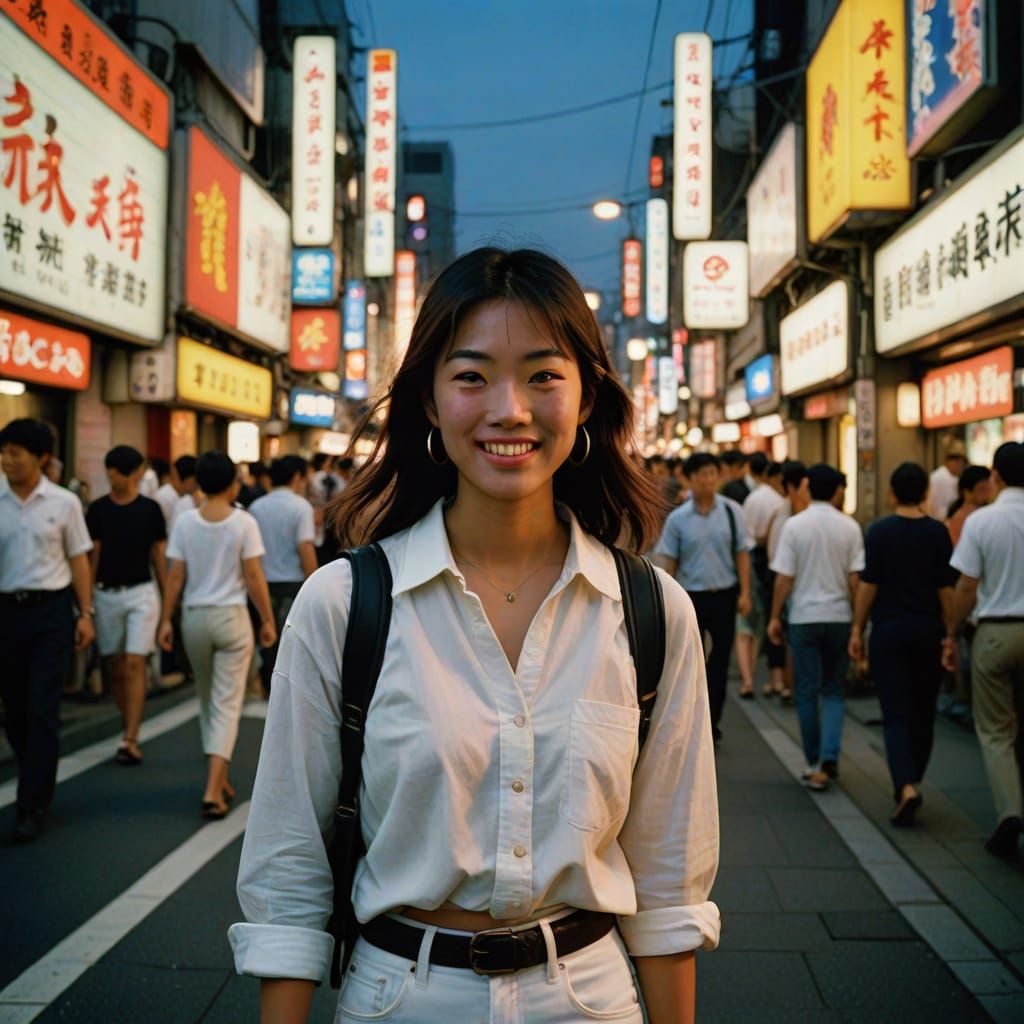 Tokyo Street Scene: Smiling Woman in Neon Light