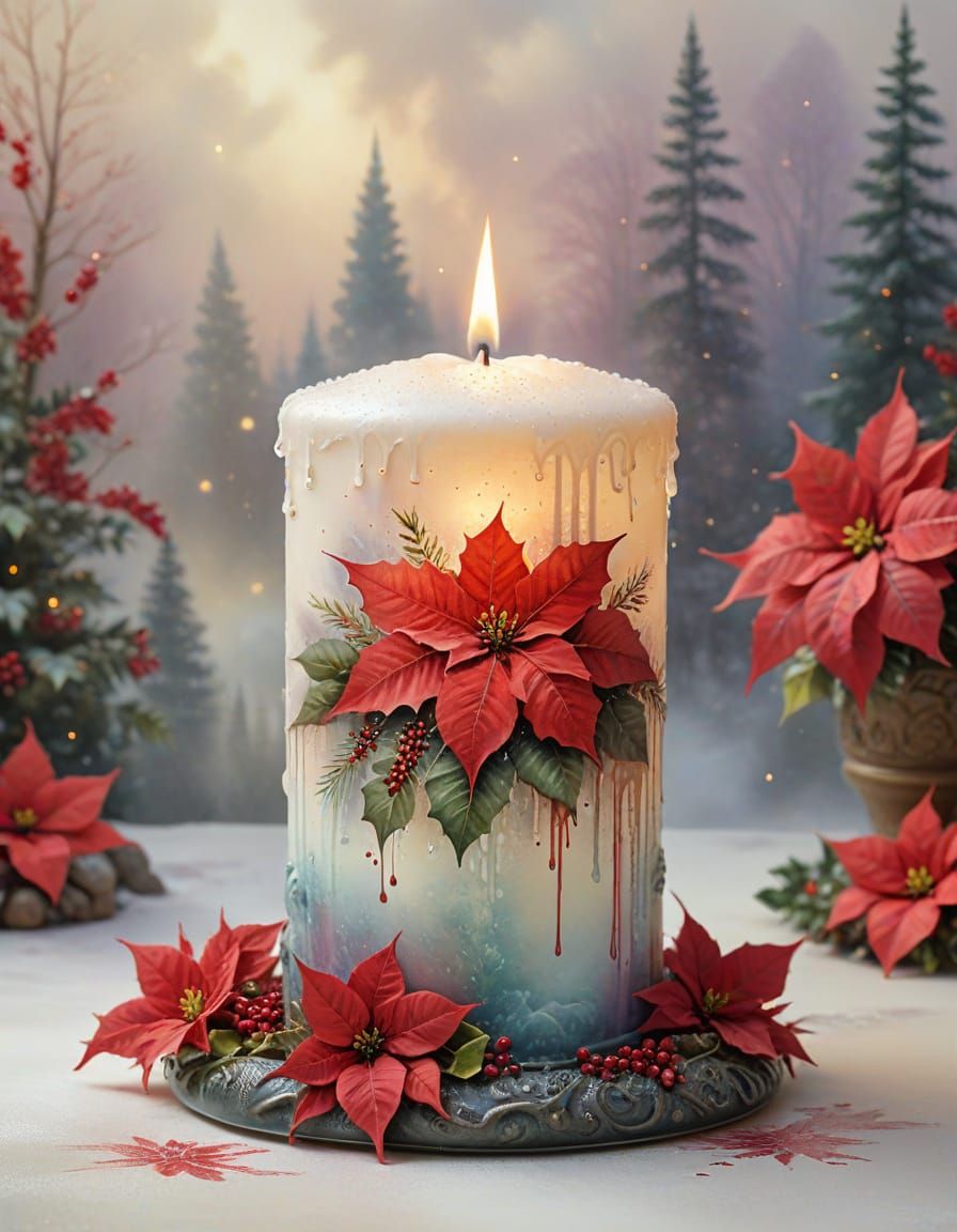 Ethereal Candle with Poinsettia in Watercolour Style
