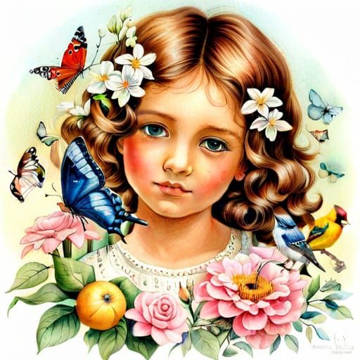 Detailed Portrait of Girl with Wildflowers and Butterflies