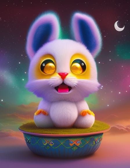 Cute Character with Bunny Hat, Detailed Acrylic Art