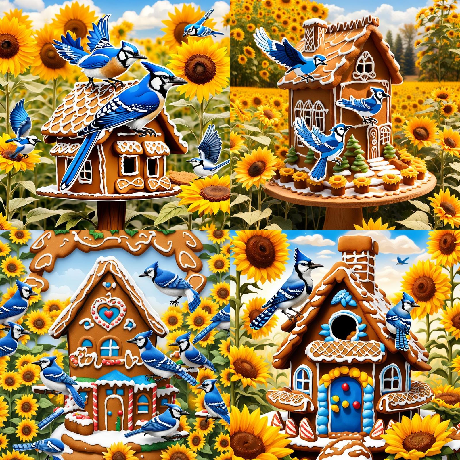 Blue Jays and Gingerbread House in Sunflower Field