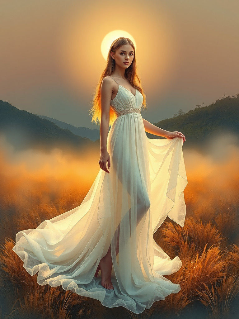 Ethereal Woman in Flowing Dress: Pre-Raphaelite Style