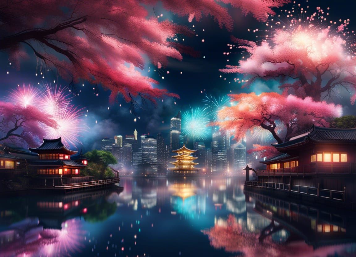 Magical city with firework reflection
