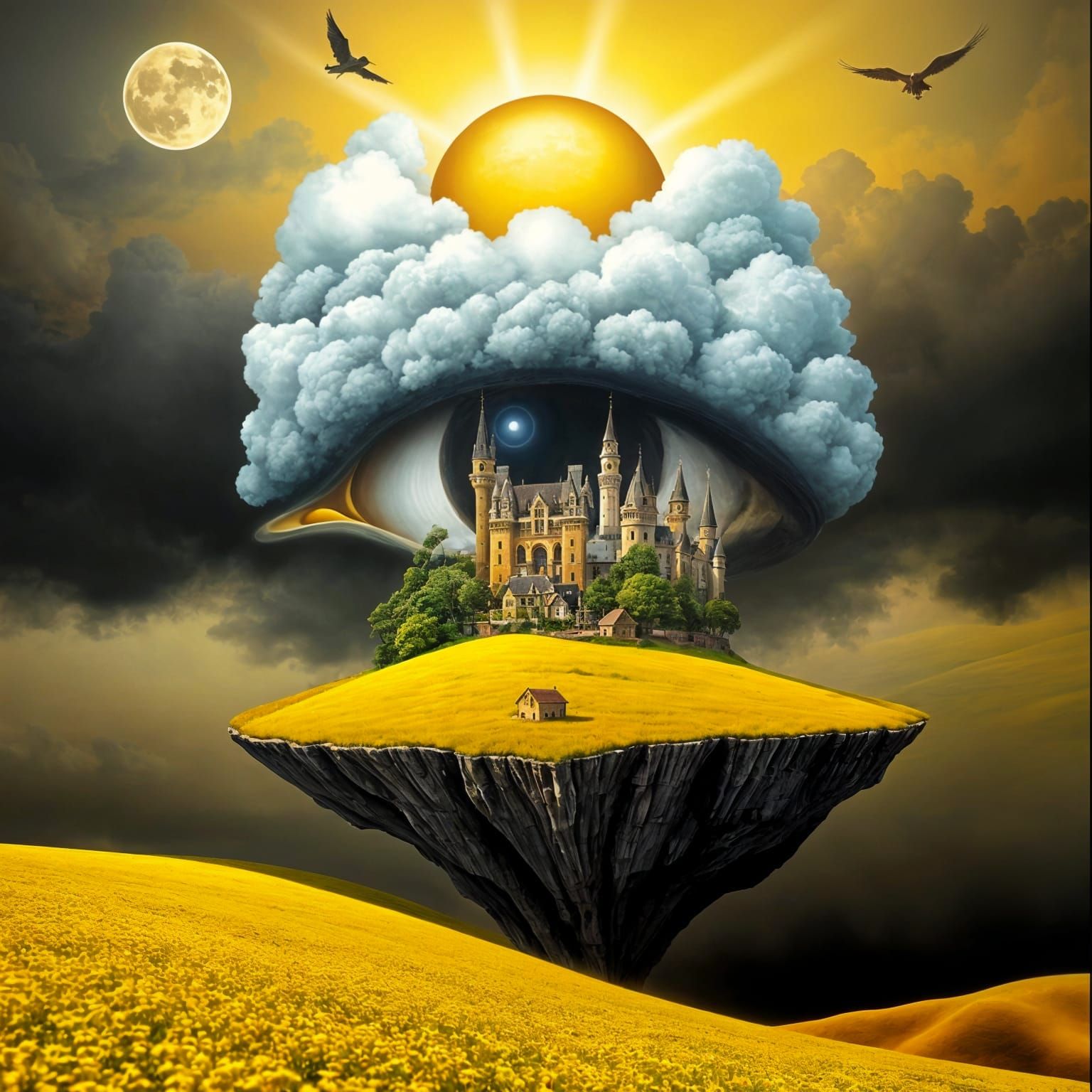 Surreal Eye Over Fairytale Cloud Village