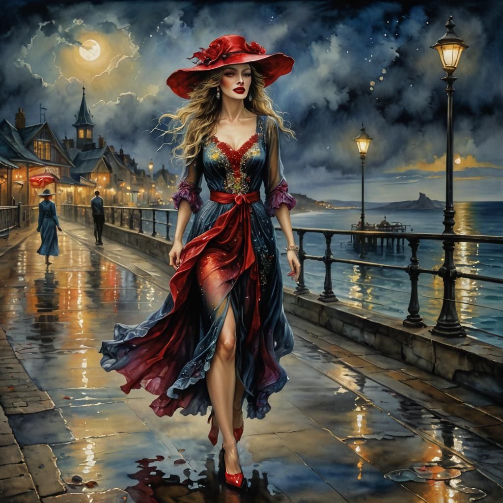 Mysterious Woman on Coastal Boardwalk: Impressionistic Water...