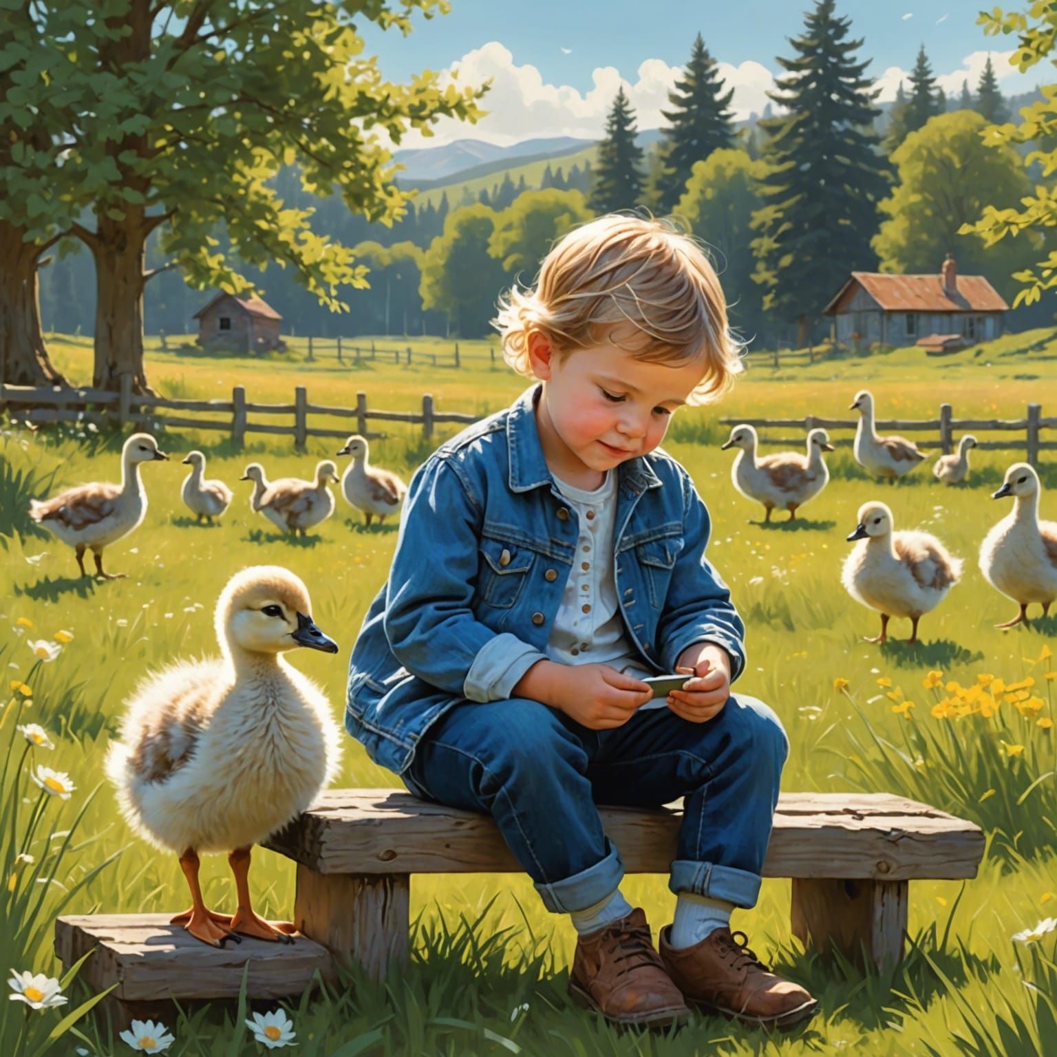 Child and Gosling: A Digital Meadow Illustration
