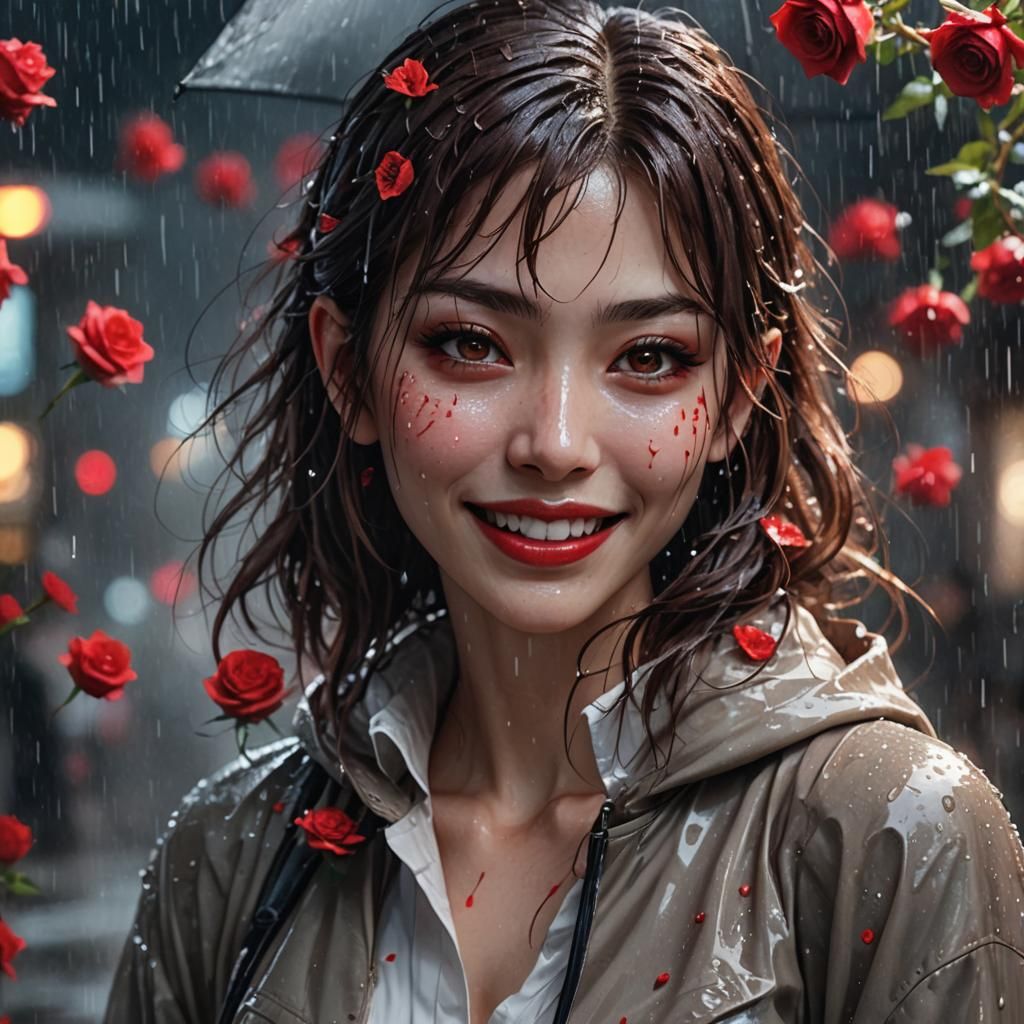 Pale Asian Vampire Smiles in Rainy Anime Art