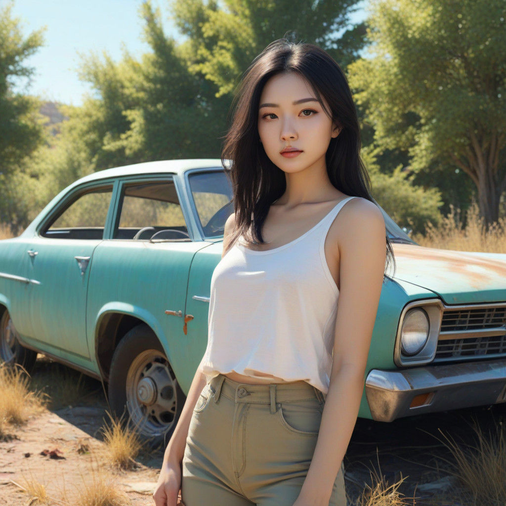 Whimsical Turquoise Car Scene with a Slender Asian Girl