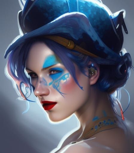 Blue-Haired Pirate Girl Portrait in Hyperdetailed Style
