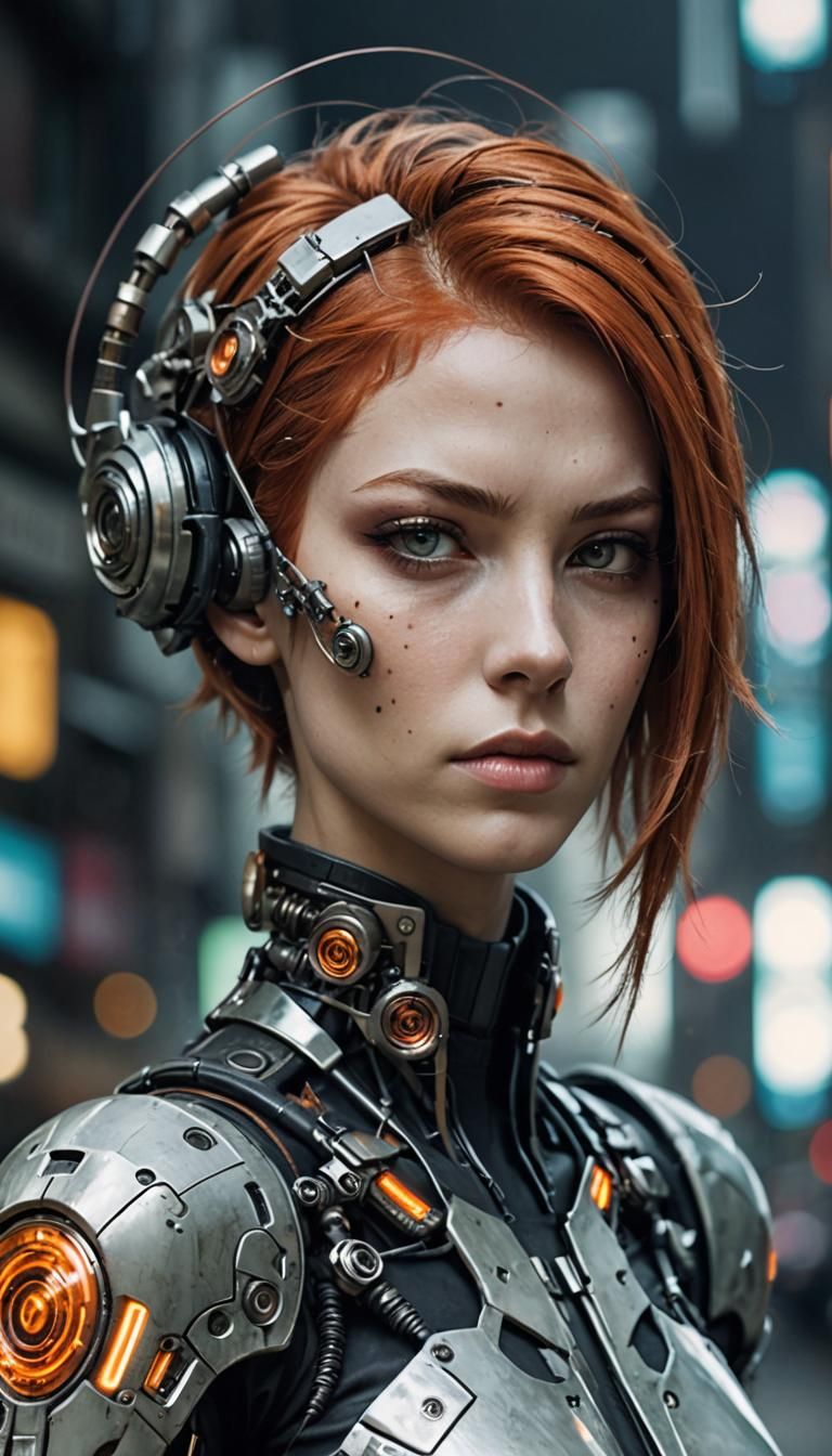 Feminine Cyborg with Auburn Hair in Cyberpunk Biopunk Style