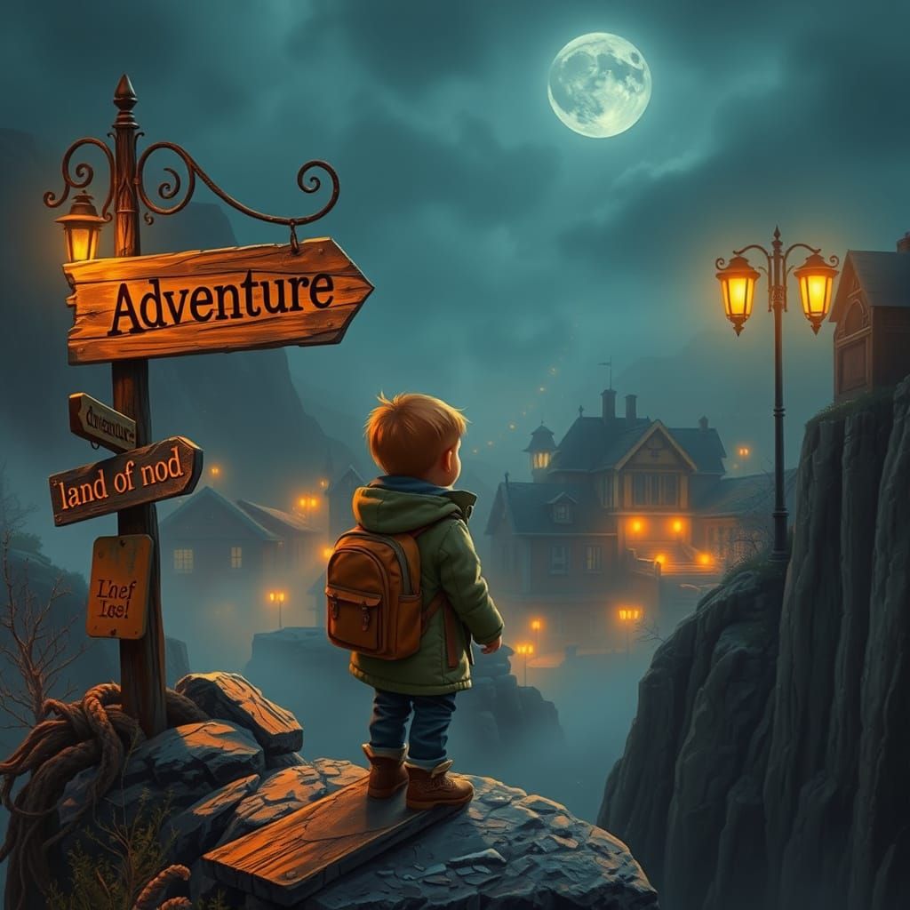 Child Gazing at Foggy Town, Retro Sci-Fi Style