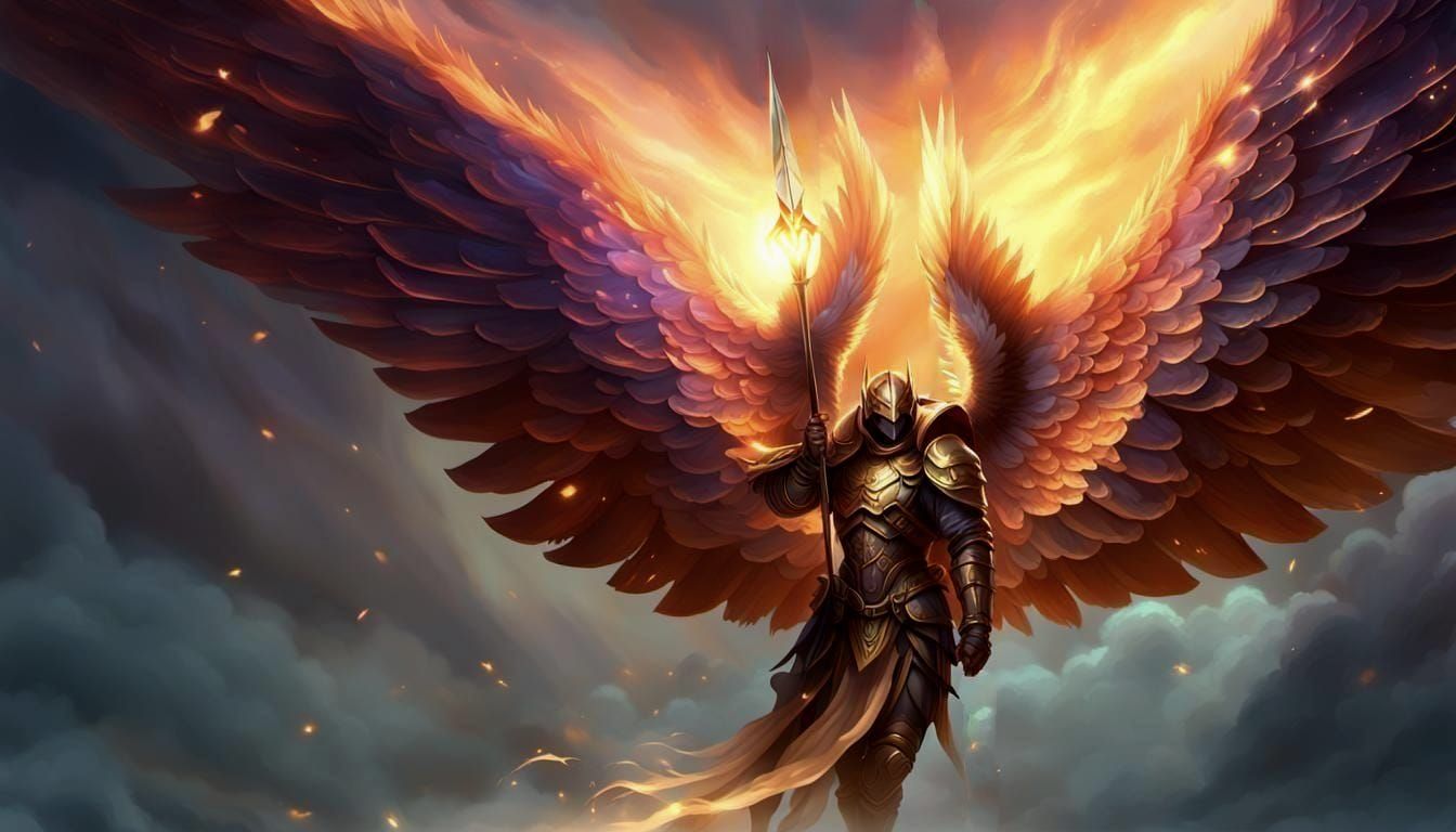 Radiant Angel Warrior Soaring Above Clouds