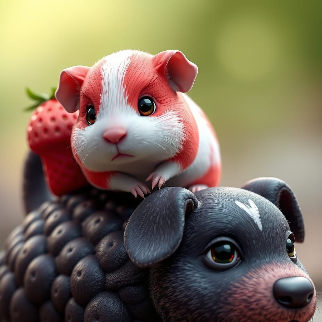 Fanciful Fruit Creature, a Guinea Pig-Strawberry Hybird on a...