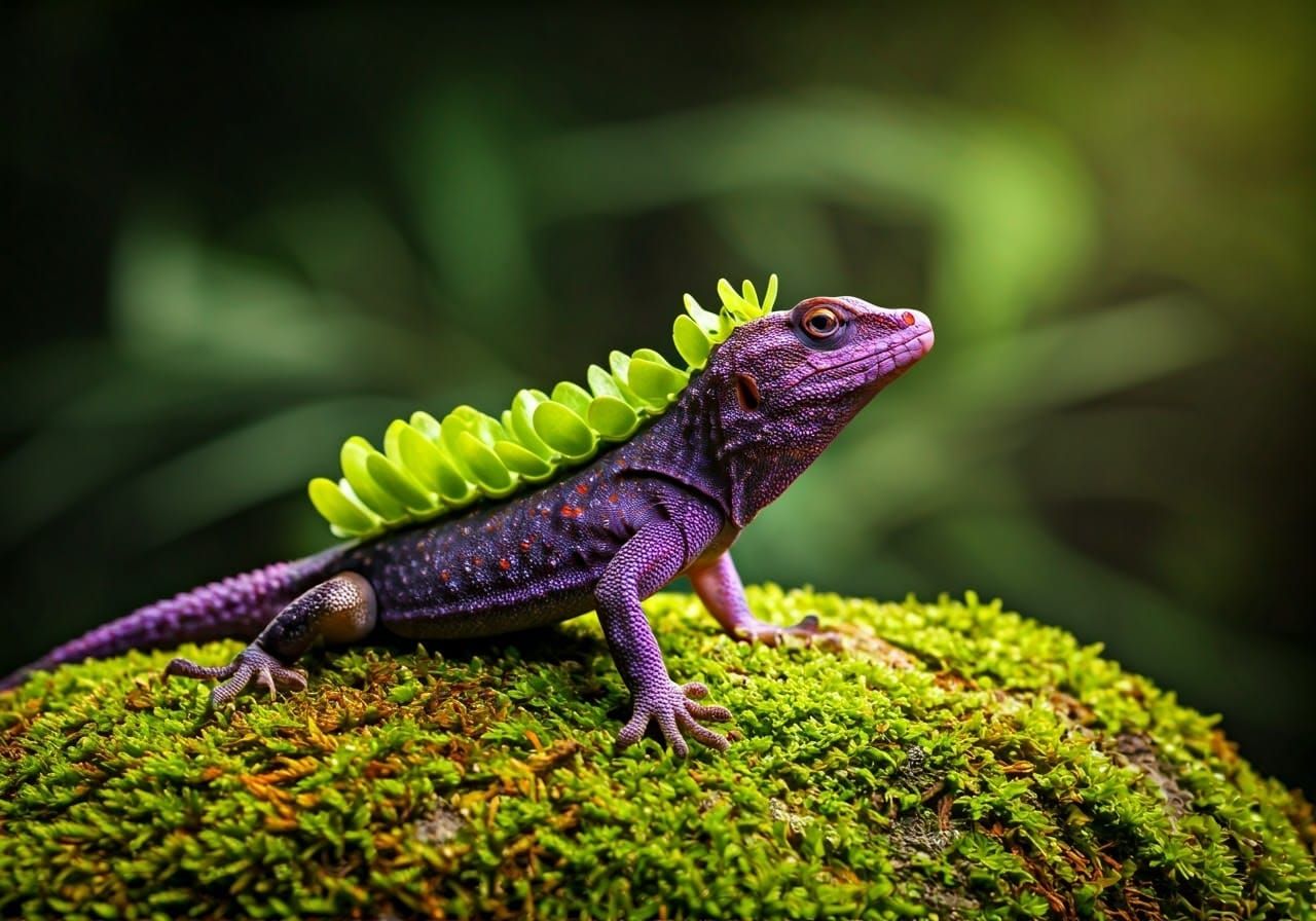 Vibrant Purple Lizard Adorns Mossy Rock in Tropical Forest