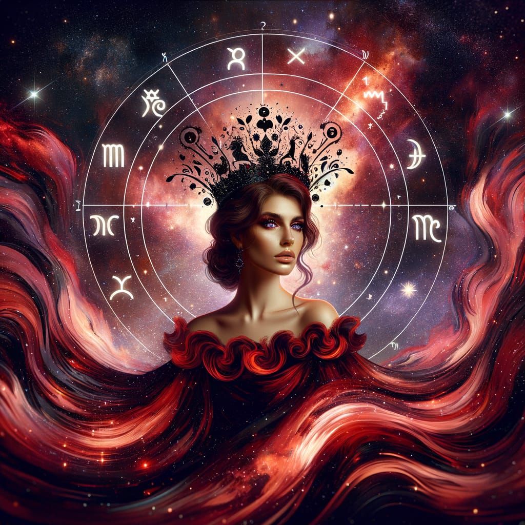 Zodiac Queen in Red and Black Gown