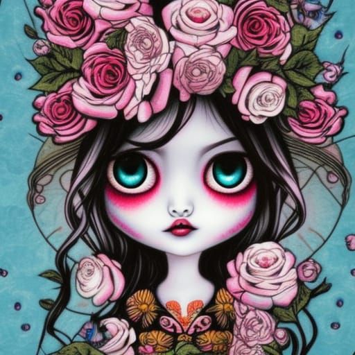 Girl with Roses Portrait in Pre-Raphaelite Style