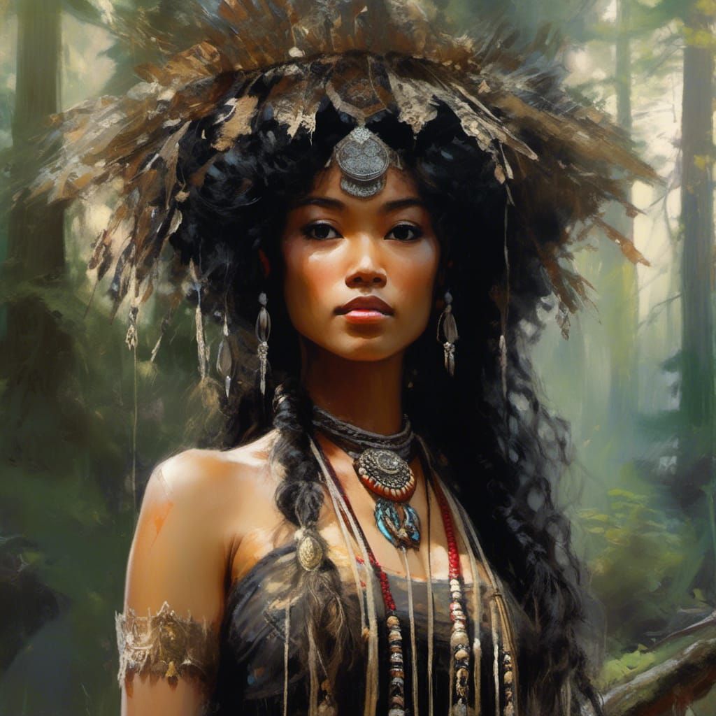 Black-Asian Woman in Redwood Forest, Matte Painting