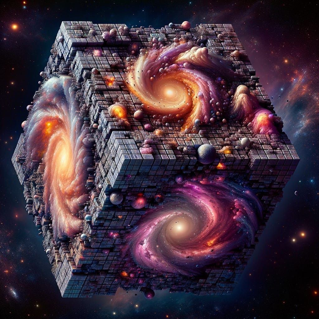 Surreal Cosmic Cube Rotating in Deep Space
