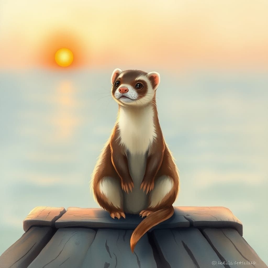 Ferret on Pier in Whimsical Watercolor Style