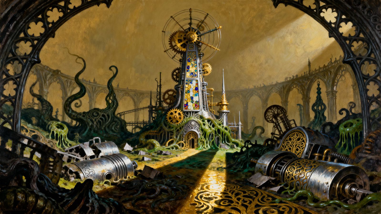Biomechanical Wonders in Ornate Gouache Landscape