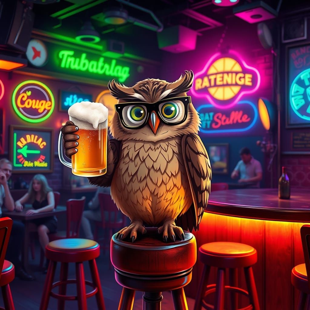 Jovial Owl Cheers in Neon-Lit Pub Scene, Inspired by Whimsic...