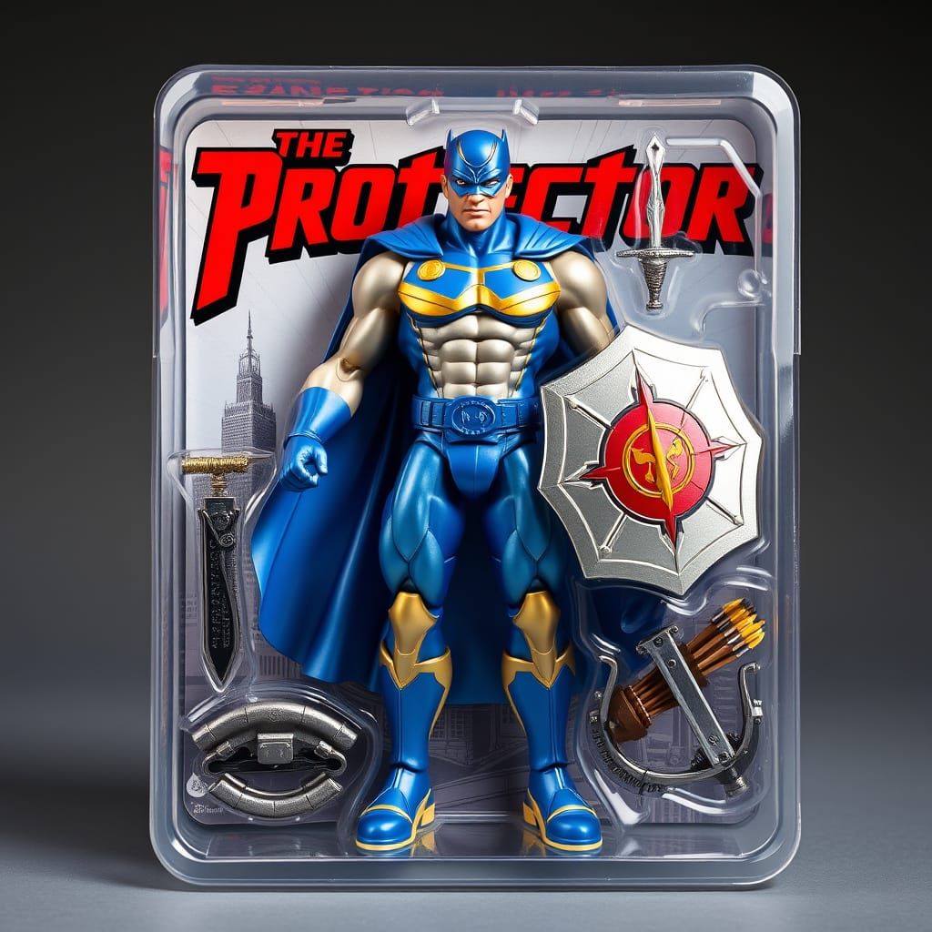 Muscular Superhero in Metallic Blue and Silver Costume, Hero...