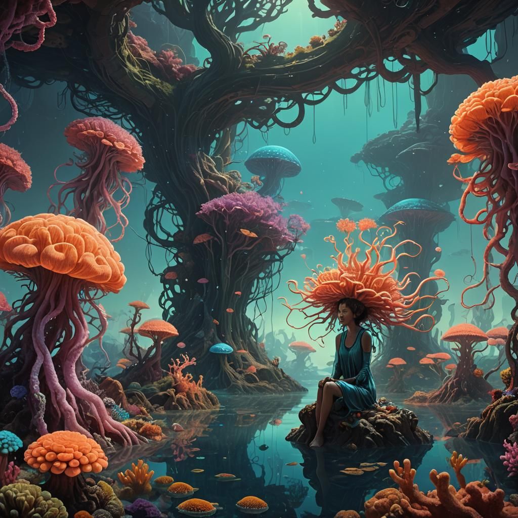 Mystical Being in Alien Coral Reef: Digital Art