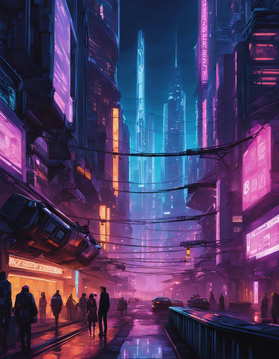 Cyberpunk Cityscape at Night with Neon Lights