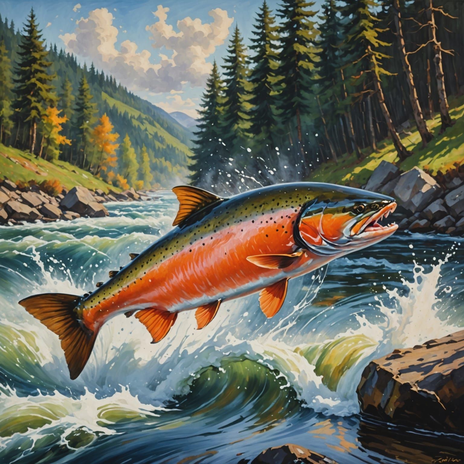 Salmon Leaping From River Stream in Impressionist Style