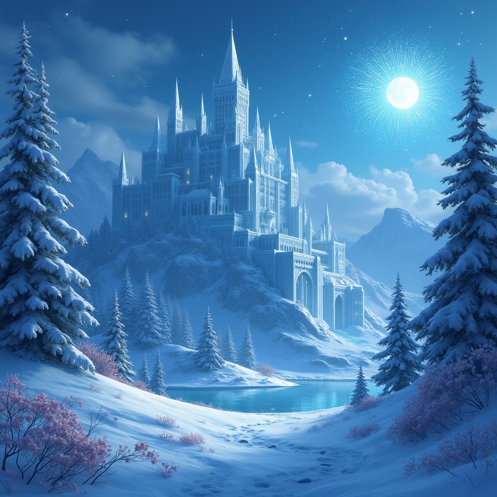 Majestic Ice Castle Under a Starry Night Sky