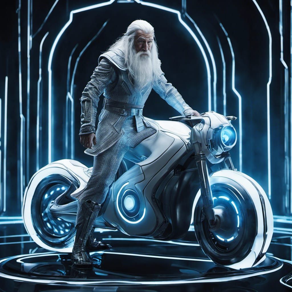 Gandalf on Tron Lightcycle in Cyberpunk Style