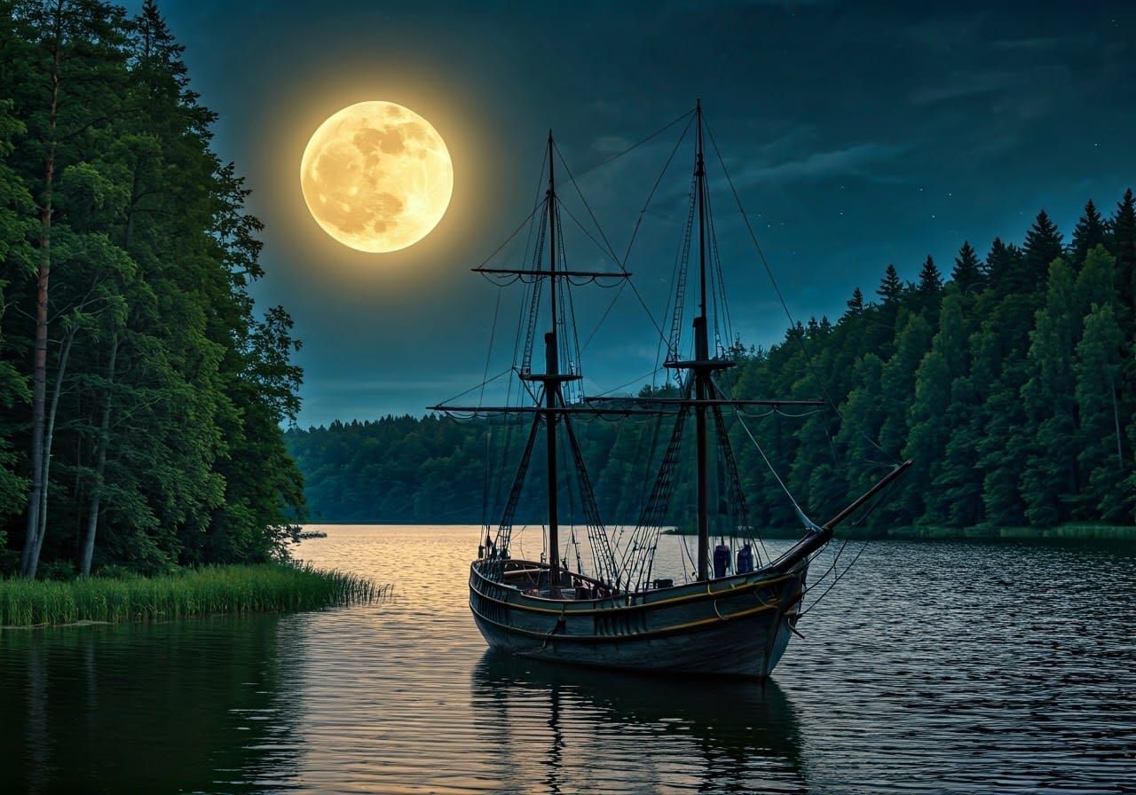 Ancient Sailing Ship Under Golden Moonlight