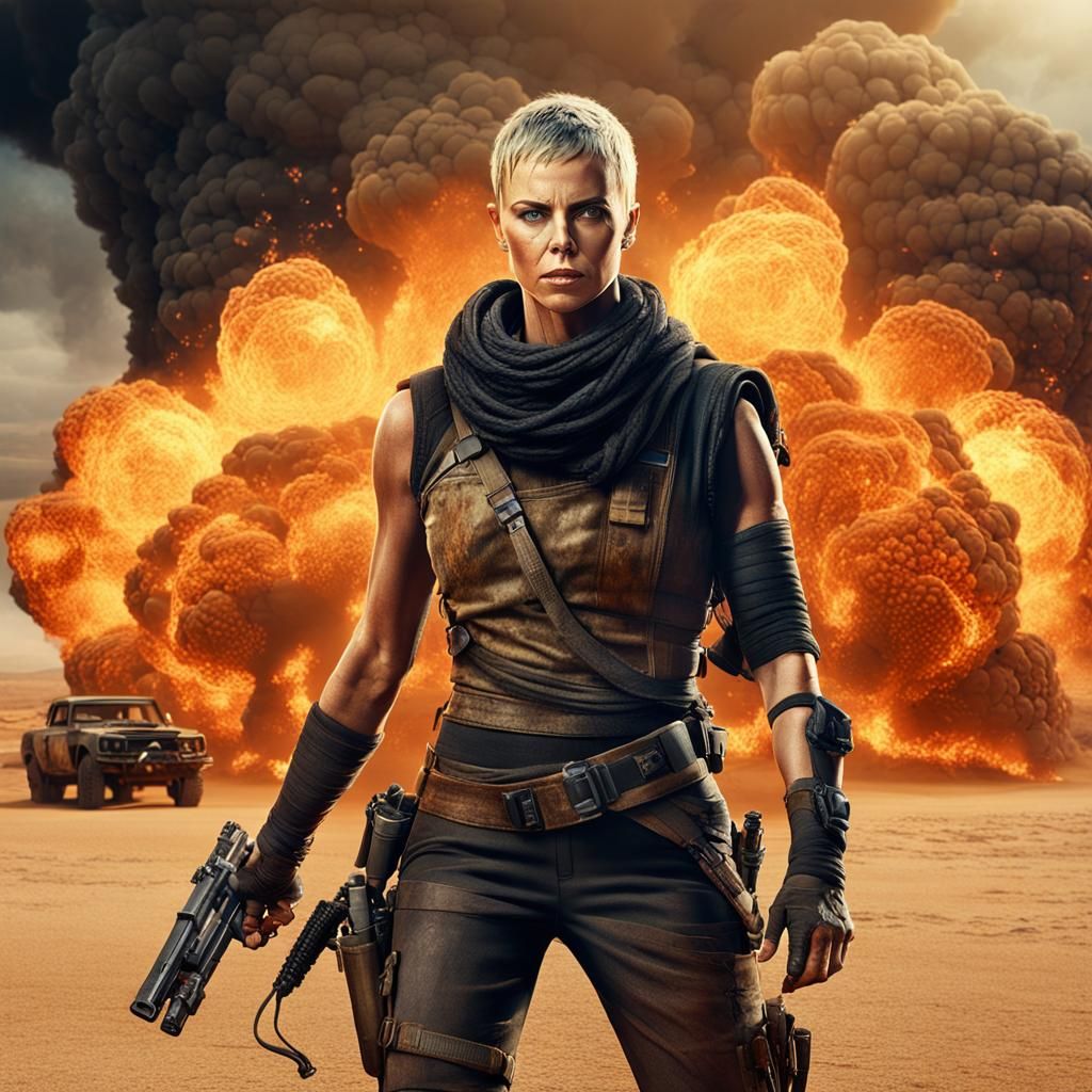 Furious Woman in Explosive Desert Landscape