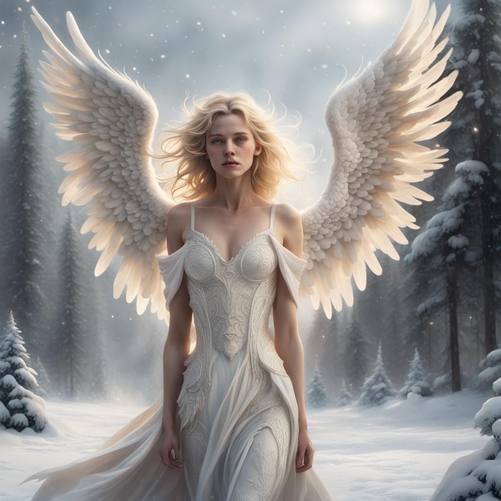 Blonde Angel Dancing in Snow: Digital Matte Painting