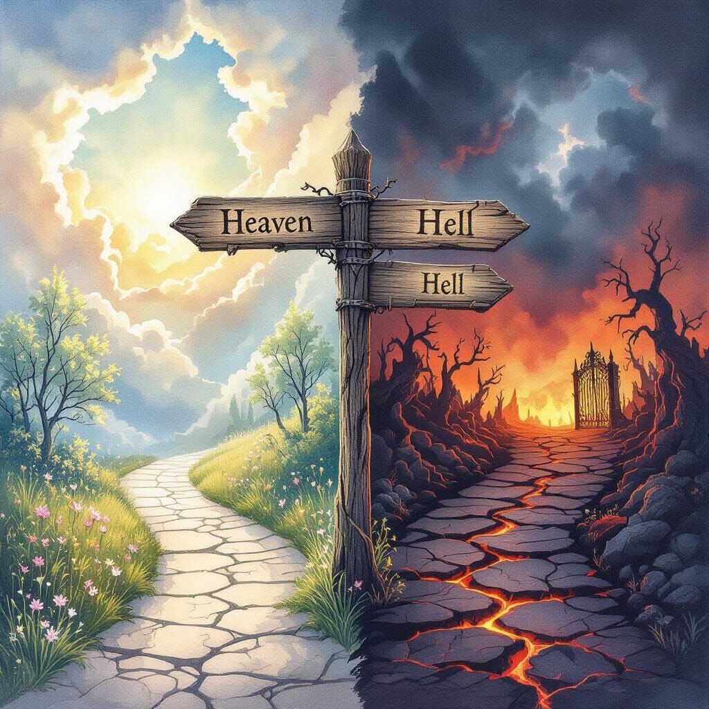 Fork in the Road: Heaven vs Hell Fantasy Scene
