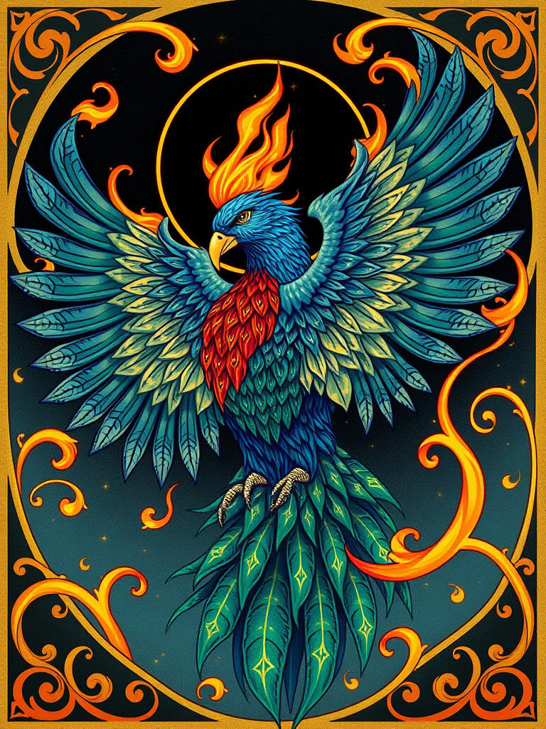 Flaming Bird in Art Nouveau Style