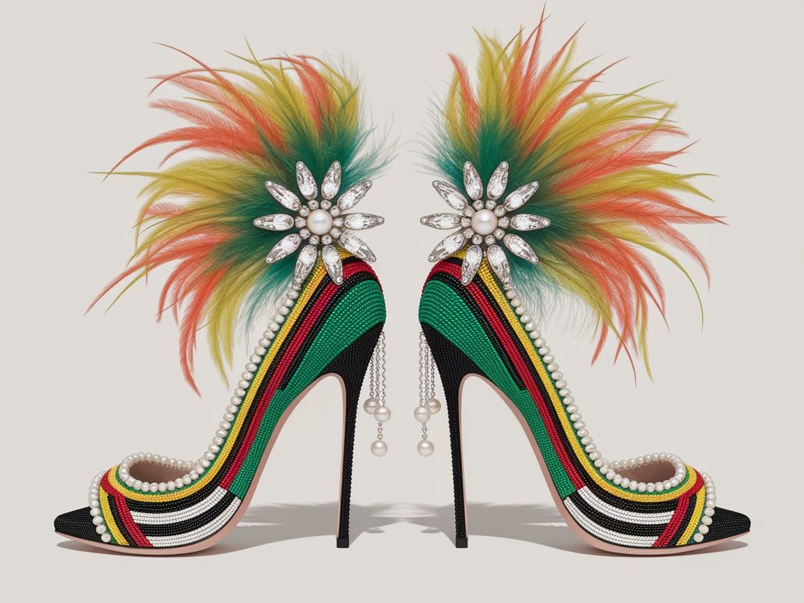 Ornate Beaded Heels with Feathers and Gems