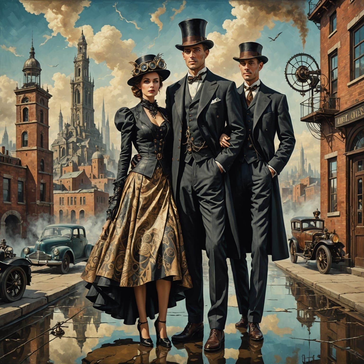 Timeless Couple in Steampunk Swing Era Splendor Amidst Cyber...